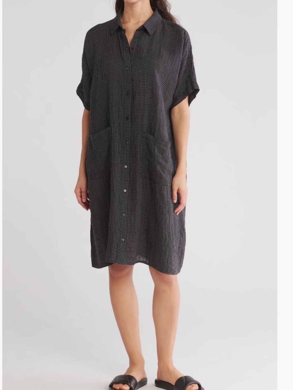Eileen Fisher Check Print Linen Short Sleeve Shirtdress in Black and Gray XL EUC